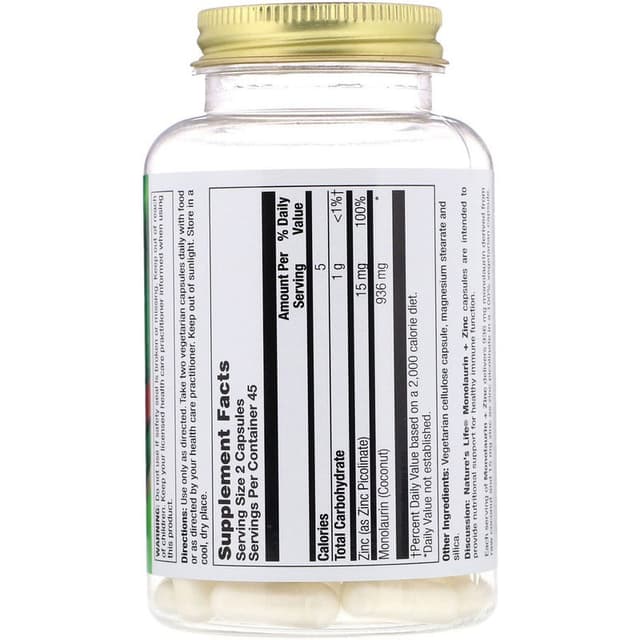 Nature's Life, Монолаурин и цинк, 90 вегетарианских капсул