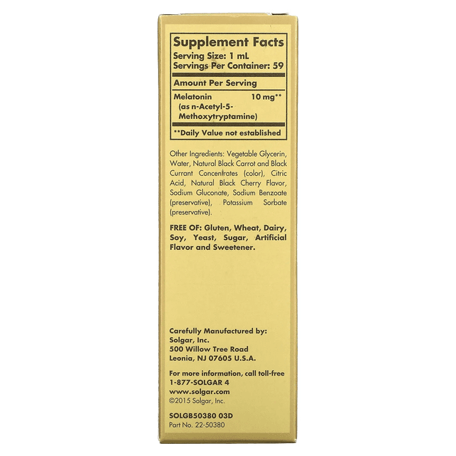 Solgar, Жидкий мелатонин, натуральный ароматизатор со вкусом черешни, 10 мг, 59 мл