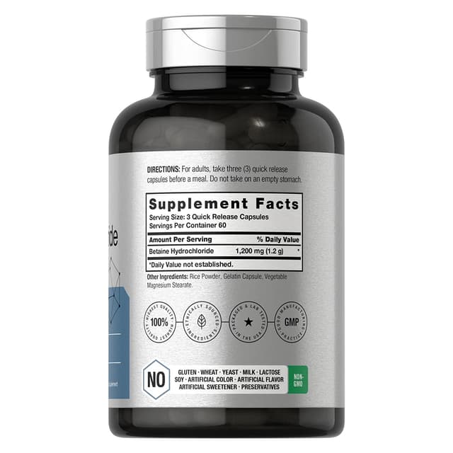 Horbaach Бетаин гидрохлорид 1200 мг | 180 капсул | Добавка бетаина гидрохлорида | Без ГМО, без глютена