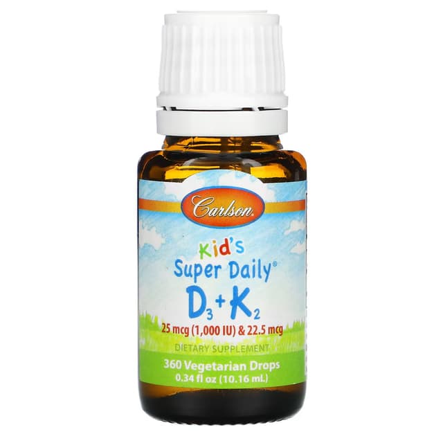 Carlson, Super Daily D3+K2 для детей, 25 мкг (1000 МЕ) и 22,5 мкг, 10,16 мл