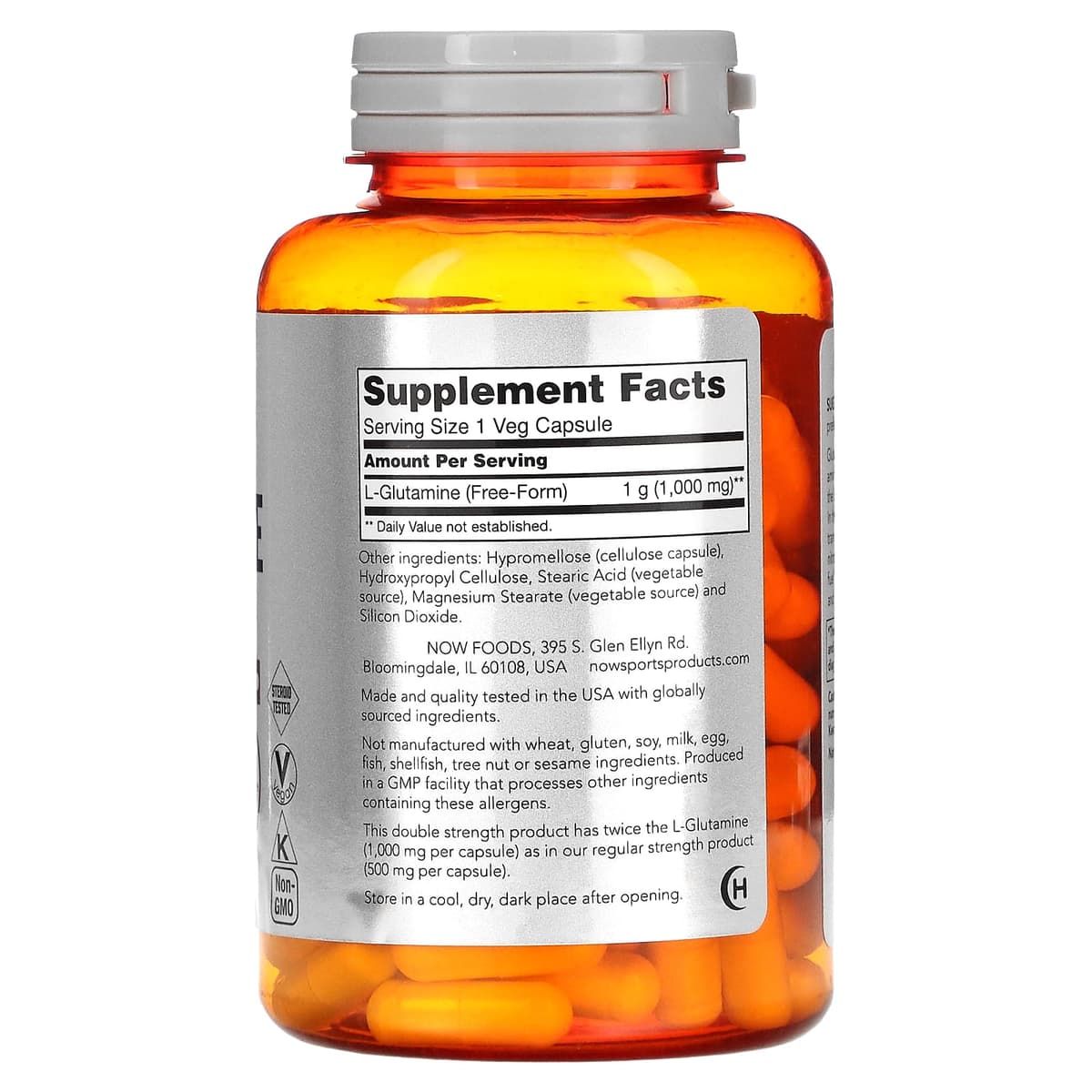 NOW Foods, Sports, L-глутамин, двойная сила, 1000 мг, 120 вегетарианских капсул