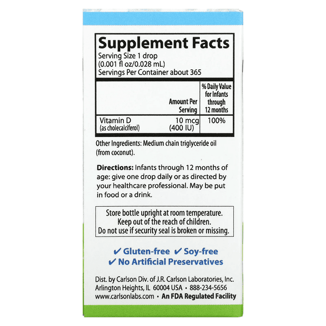 Carlson Labs, Super Daily, витамин D3 для детей, 10 мкг (400 МЕ), 10,3 мл