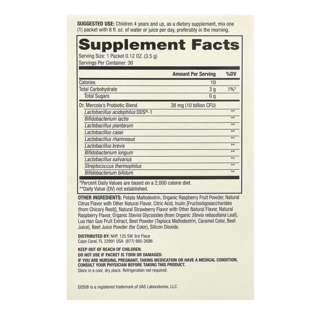 Dr. Mercola, комплекс пробиотиков для детей в виде порошка в пакетиках, натуральный малиновый вкус, 10 млрд КОЕ, 30 пакетиков, по 3,5 г