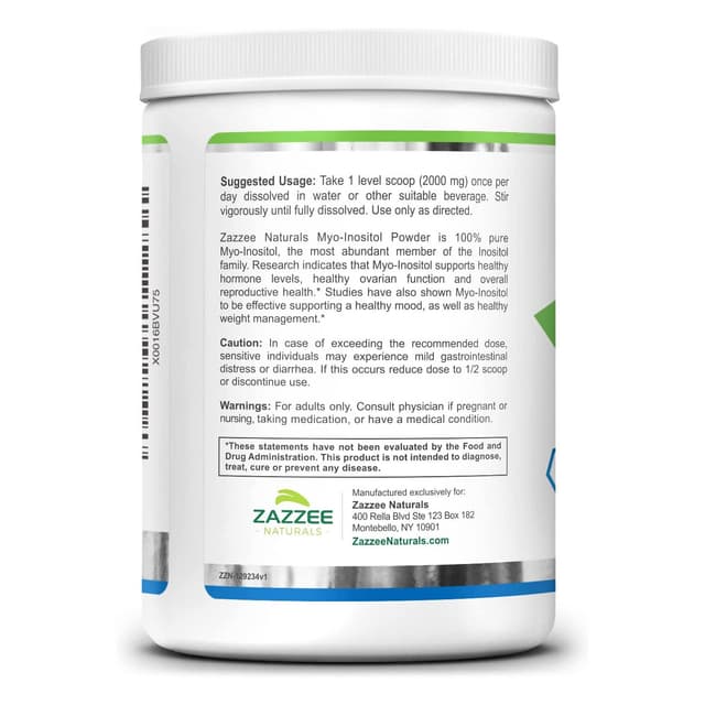 Zazzee Myo-Inositol Powder 2000 мг на порцию, включает бесплатную мерную ложку для точной дозировки, 100% чистый, веганский и не содержащий ГМО 356gr