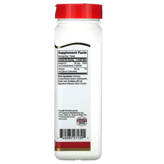 21st Century, витамин D3, 25 мкг (1000 МЕ), 500 таблеток