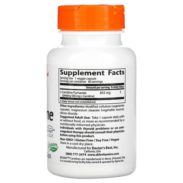Doctor's Best, L-карнитин фумарат с карнитинами Biosint, 855 мг, 60 вегетарианских капсул