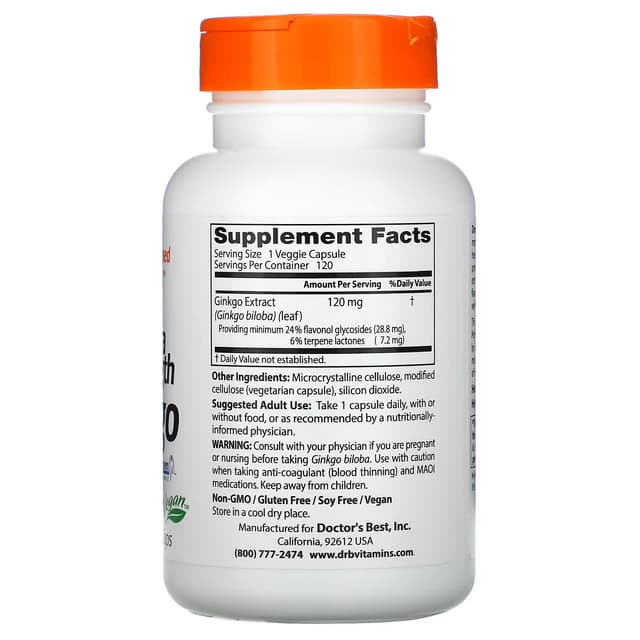 Doctor's Best, гинкго с повышенной силой действия, 120 мг, 120 вегетарианских капсул
