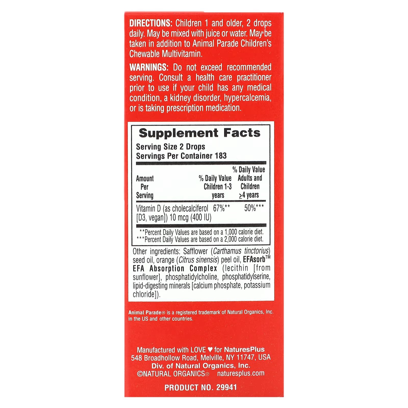 NaturesPlus, Source of Life, Animal Parade, витамин D3 в каплях, с натуральным апельсиновым вкусом, 400 МЕ, 10 мл