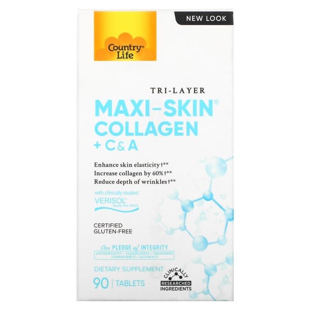 Country Life, Tri Layer Maxi-Skin Collagen, коллаген с витаминами C и A, 90 таблеток