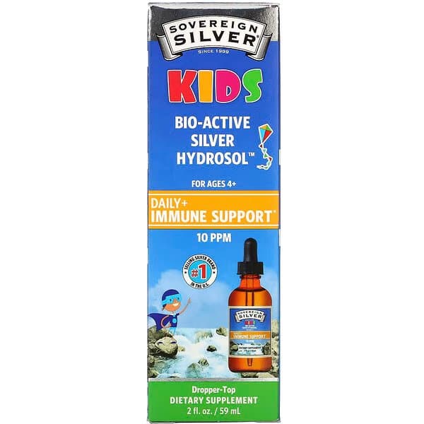 Sovereign Silver, Bio-Active Silver Hydrosol, поддержка иммунитета, для детей от 4 лет, 10 част./млн, 59 мл