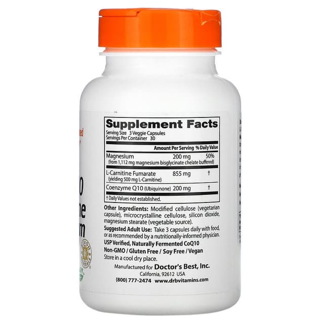 Doctor's Best, коэнзим Q10, L карнитин и магний, 90 вегетарианских капсул