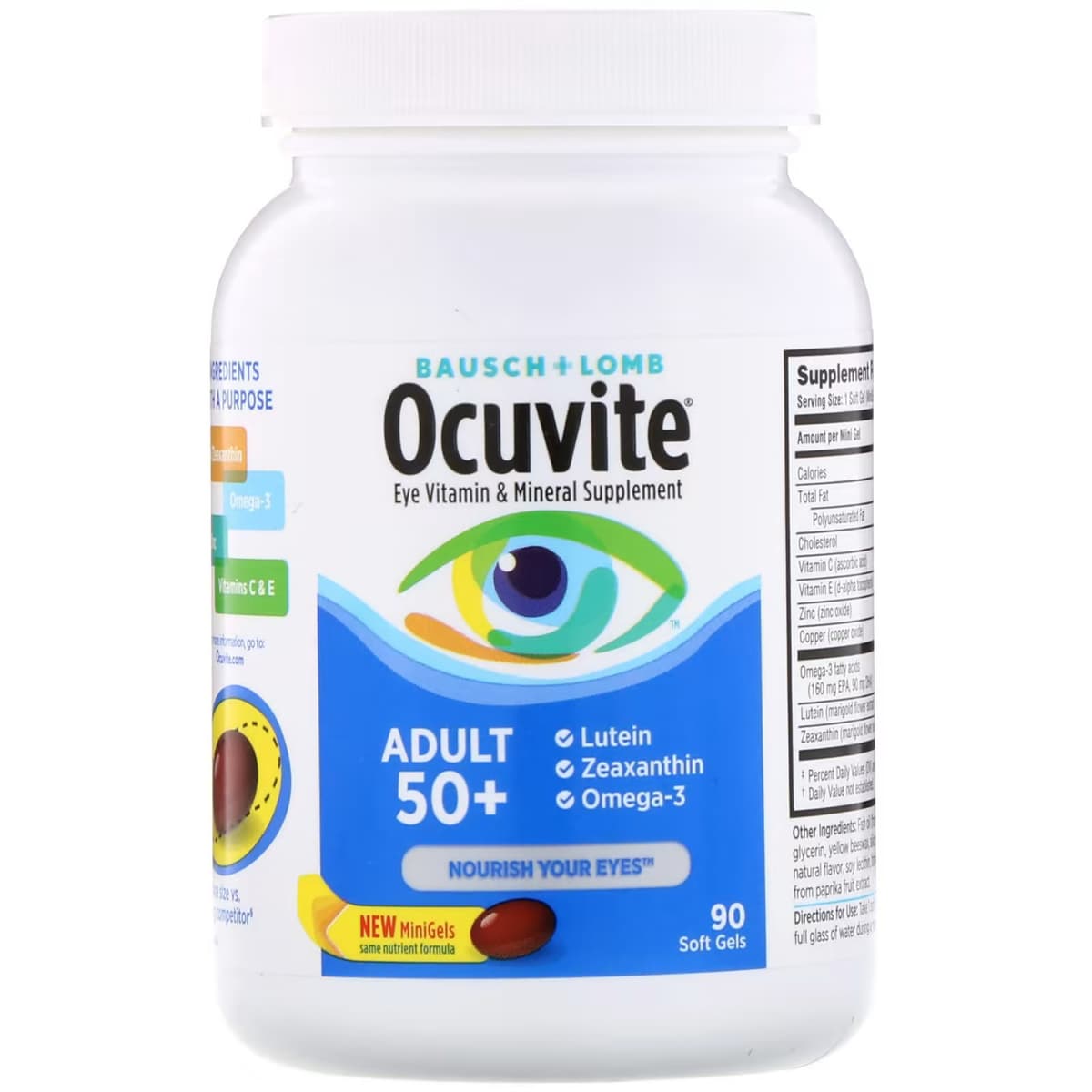 Ocuvite, для людей старше 50 лет, добавка для зрения с витаминами и микроэлементами, 90 мягких таблеток