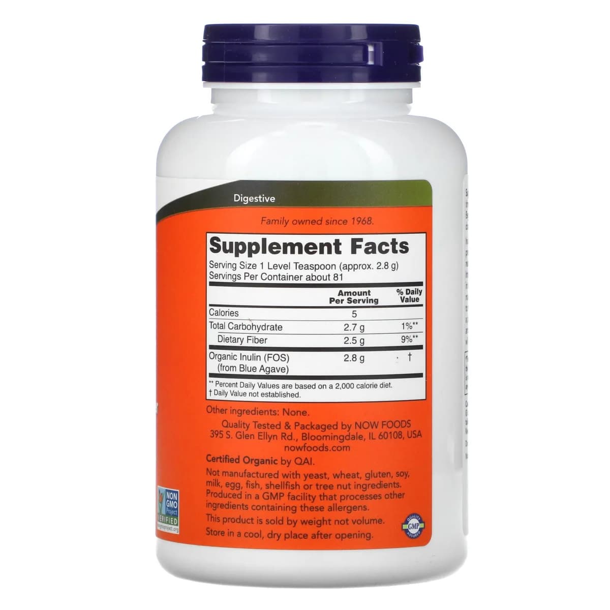 NOW Foods, сертифицированный органический инулин, пребиотик в чистом порошке, 227 г