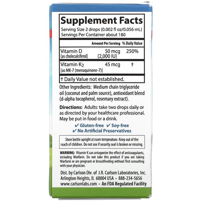 Carlson Labs, Super Daily витамины D3 и K2 в жидкой форме, 25 мкг (2000 МЕ) и 22,5 мкг, растительная формула, 360 вегетарианских капель, 10,16 мл