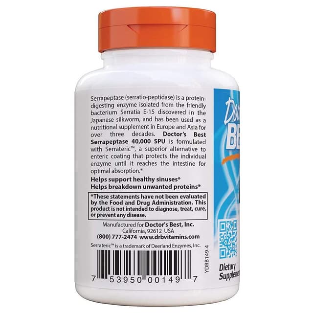Doctor's Best Serrapeptase, без ГМО, без глютена, веганский, поддерживает здоровье носовых пазух, 40 000 SPU, 90 штук