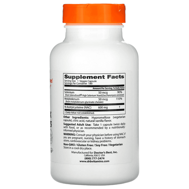 Doctor's Best, N-ацетилцистеин (NAC) для регуляции процесса детоксикации, 180 растительных капсул