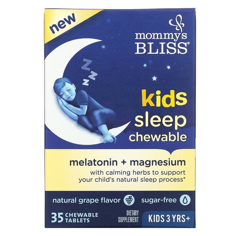 Mommy's Bliss, детские жевательные таблетки для сна, мелатонин + магний, для детей от 3 лет, натуральный виноград, 35 жевательных таблеток