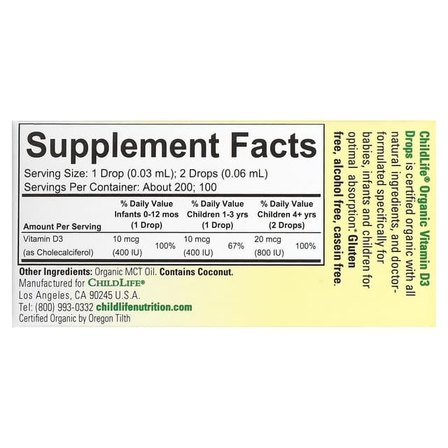 ChildLife Essentials, органический витамин D3 для детей и младенцев, в каплях, 6,25 мл