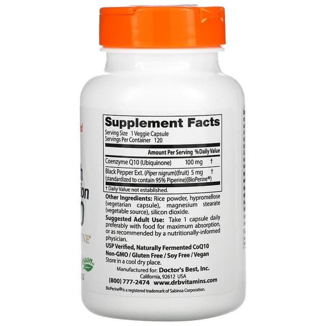 Doctor's Best, коэнзим Q10 с высокой степенью всасывания, с BioPerine, 100 мг, 120 вегетарианских капсул
