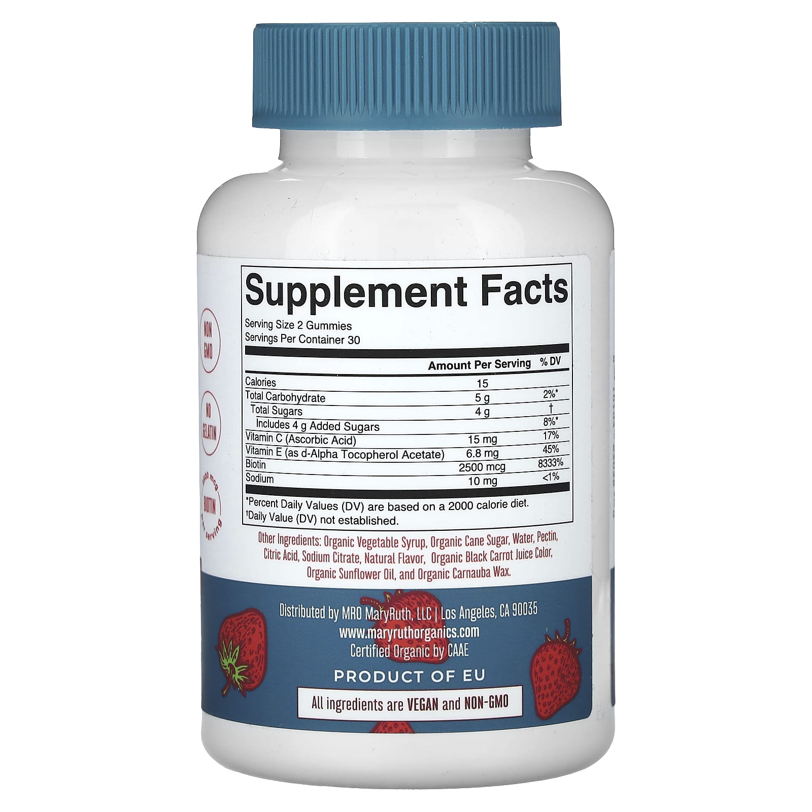 MaryRuth's, органические таблетки для волос, кожи и ногтей, со вкусом клубники, 2500 мкг, 60 жевательных таблеток (1250 мкг в 1 шт.)