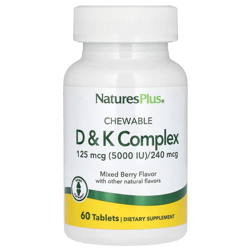 NaturesPlus, жевательный комплекс D 5000 iu и K 240 mcg , ягодное ассорти, 60 таблеток