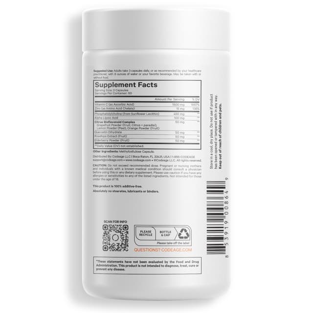 Codeage, витамины, липосомальный витамин C+, витамин C, кверцетин, шиповник, цинк, 180 капсул