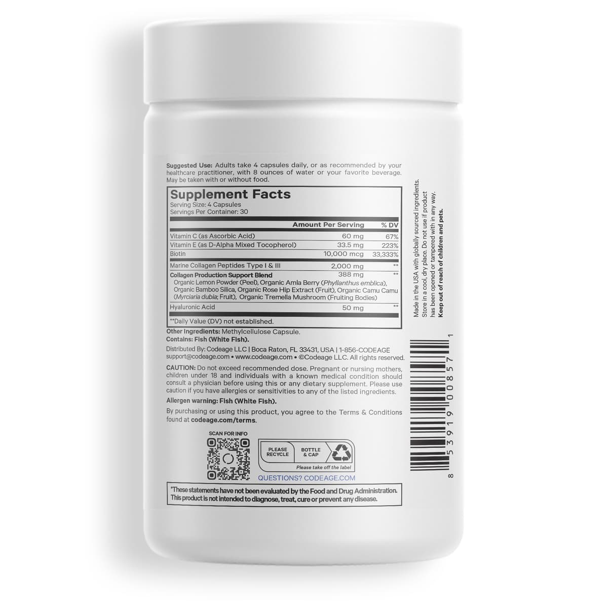 Codeage, Wild Caught, морской коллаген с биотином, гиалуроновая кислота, 120 капсул