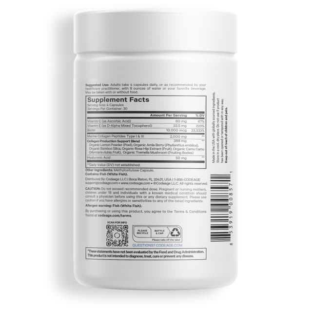 Codeage, Wild Caught, морской коллаген с биотином, гиалуроновая кислота, 120 капсул