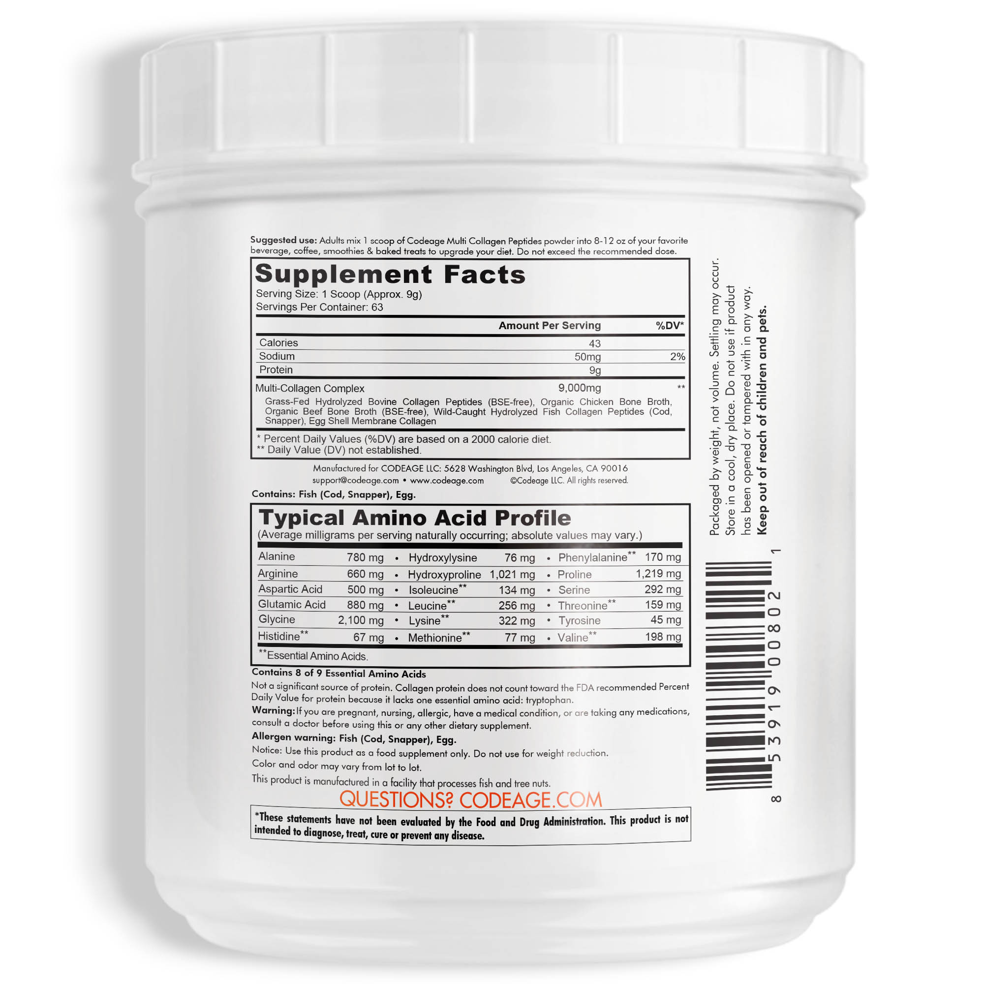 Codeage, пептиды коллагена нескольких типов в порошке, без добавок, 567 г (20 унций)