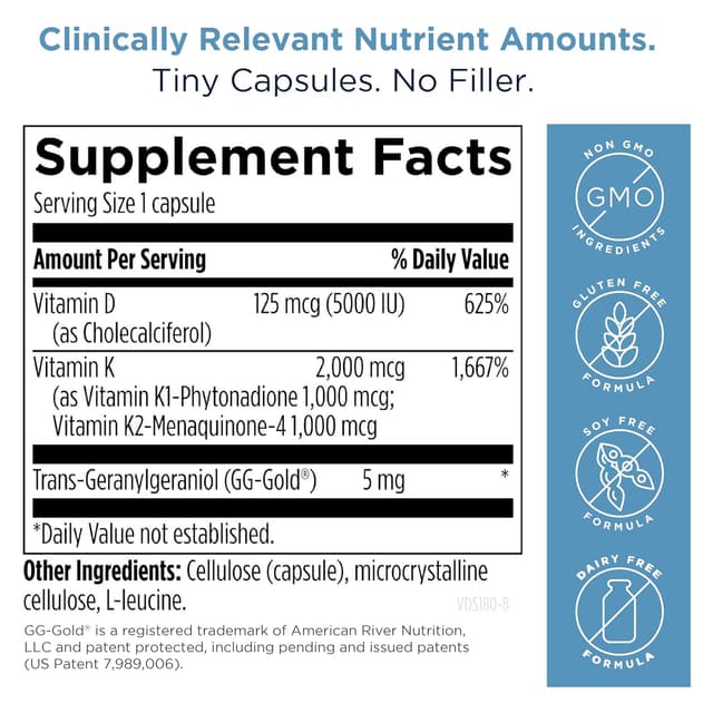 Designs for Health Vitamin D Supreme - Витамин D 5000 МЕ, с 2000 мкг витамина К в виде MK4 для здоровья костей, здоровья сердца и поддержки иммунитета (30 капсул)