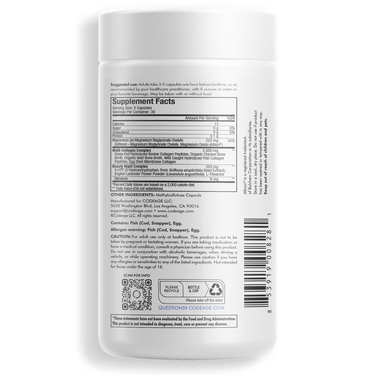 Codeage, MULTI COLLAGEN NIGHT ,ночной коллаген с магнием , 150 капсул