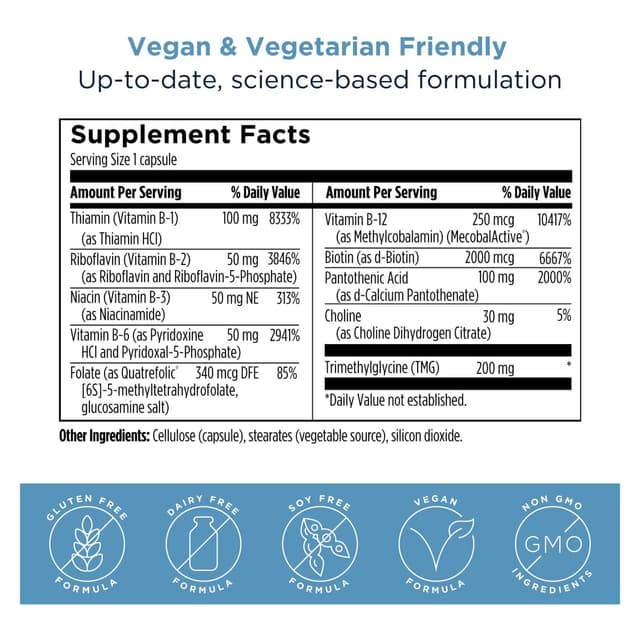 Designs for Health Methylated Vitamin B Complex - добавки витамина B с витаминами B12, B1, B3, ниацином, B6, фолиевой кислотой и биотином - 60 капсул