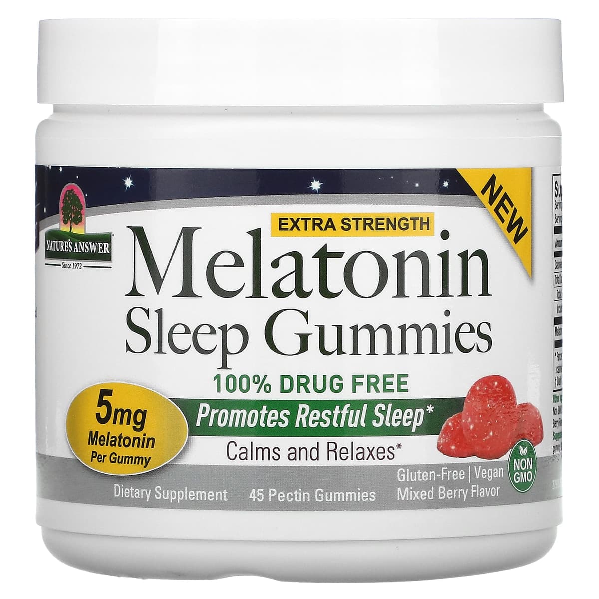 Nature's Answer, Мелатониновые жевательные таблетки для сна, повышенной силы, ягодная смесь, 5 мг, 45 жевательных таблеток