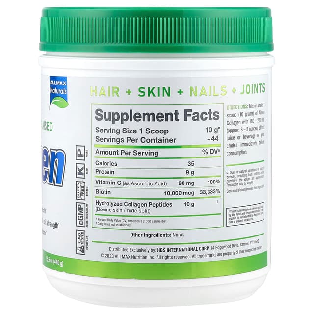 ALLMAX, Коллаген с биотином и витамином C, без добавок, 440 г (15,5 унции)