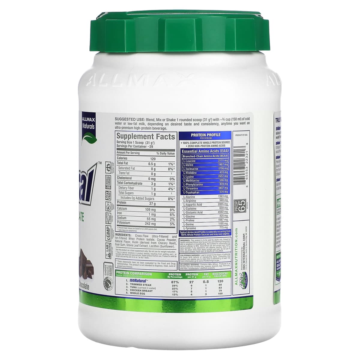 ALLMAX, IsoNatural, 100% ультра-чистый натуральный изолят сывороточного белка, шоколадный, 2 фунтов (907 г)