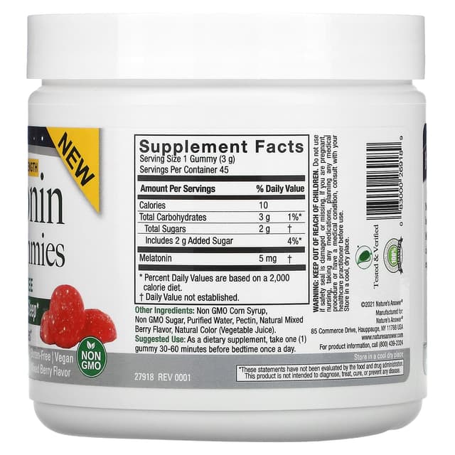 Nature's Answer, Мелатониновые жевательные таблетки для сна, повышенной силы, ягодная смесь, 5 мг, 45 жевательных таблеток