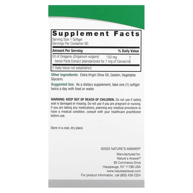 Nature's Answer, масло орегано, 150 мг, 90 мягких таблеток