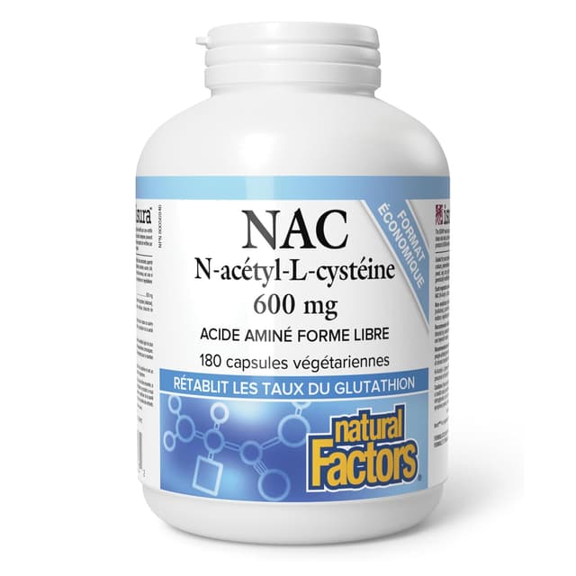 Natural Factors NAC (N-ацетил-L-цистеин), аминокислота в свободной форме, 600 мг, 180 вегетарианских капсул