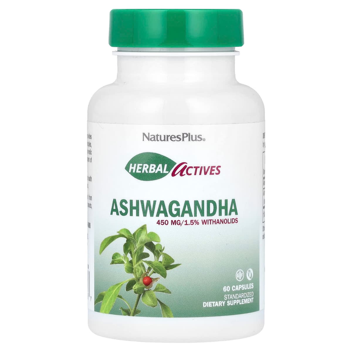 NaturesPlus, Herbal Actives, ашваганда, 450 мг, 60 капсул