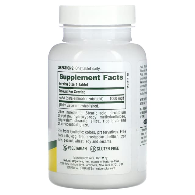 NaturesPlus, PABA  ПАБК с замедленным высвобождением, 1000 мг, 60 таблеток