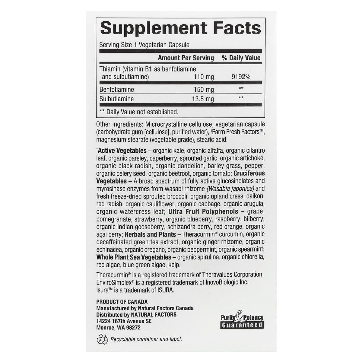 Natural Factors, бенфотиамин и сульбутиамин, 30 капсул