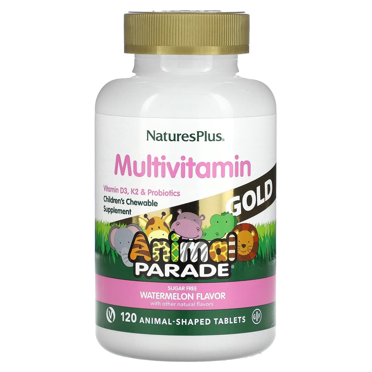 NaturesPlus, Source of Life Animal Parade Gold, жевательная мультивитаминная добавка с микроэлементами для детей, со вкусом арбуза, 120 таблеток