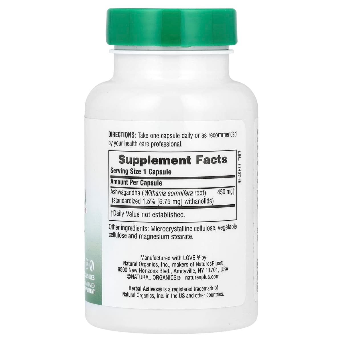 NaturesPlus, Herbal Actives, ашваганда, 450 мг, 60 капсул