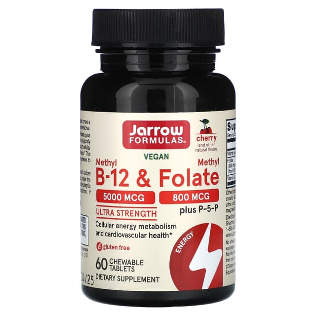 Jarrow Formulas, веганский метил B12 и метилфолат, максимальная сила действия, 60 жевательных таблеток