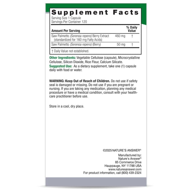 Nature's Answer, saw palmetto Сереноя, стандартизованная формула, 1600 мг, 120 вегетарианских капсул