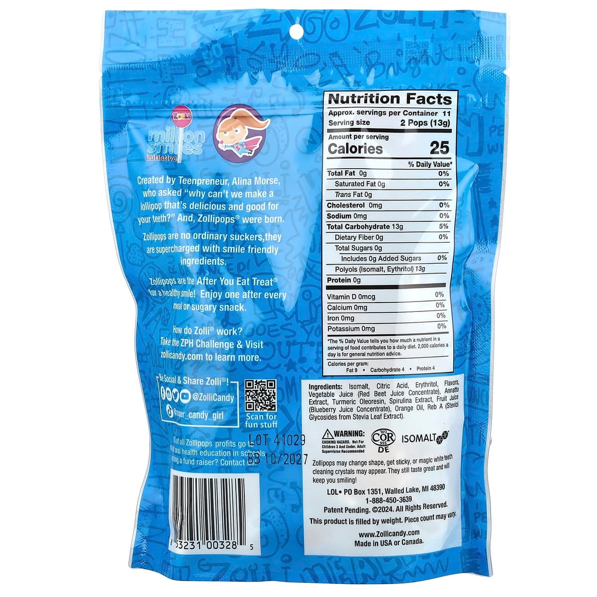 Zollipops, The Clean Teeth Pops, леденцы с фруктовыми вкусами, 23–25 леденцов, 142 г (5,2 унции)
