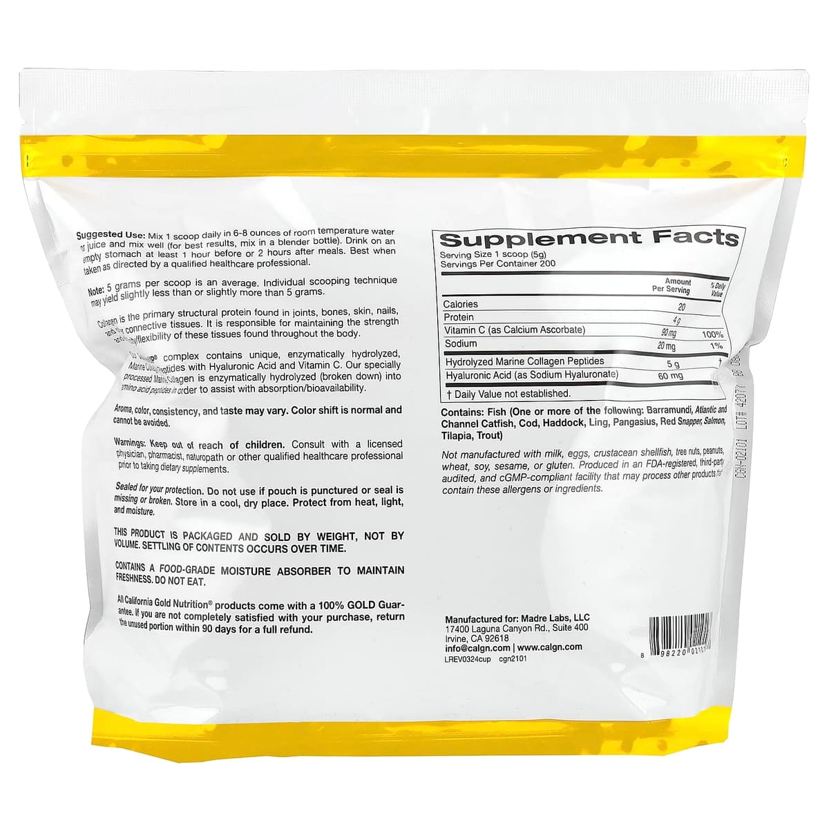 California Gold Nutrition, CollagenUP, морской коллаген с гиалуроновой кислотой и витамином C, с нейтральным вкусом, 1 кг (2,2 фунта)