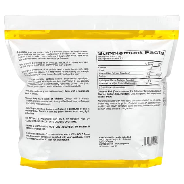 California Gold Nutrition, CollagenUP, морской коллаген с гиалуроновой кислотой и витамином C, с нейтральным вкусом, 1 кг (2,2 фунта)