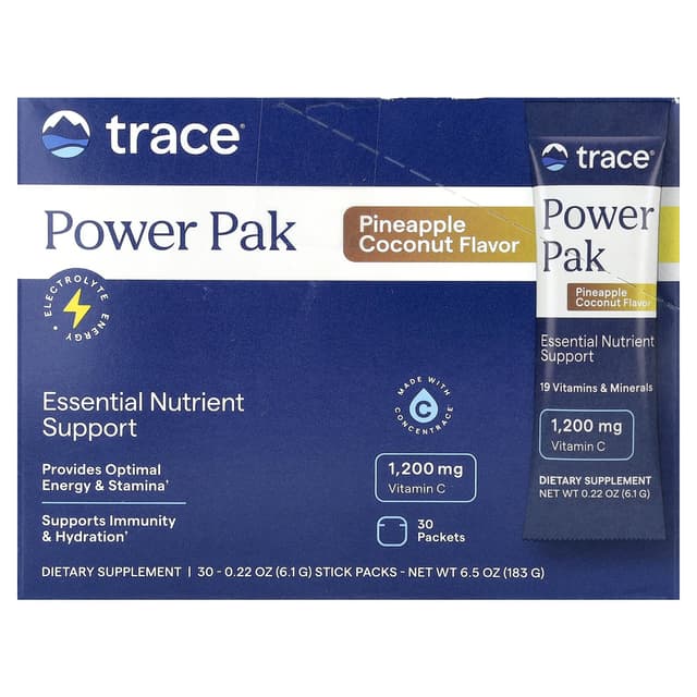 Trace, PowerPak, электролит для повышения выносливости, ананас и кокос, 30 пакетиков, по 6,1 г