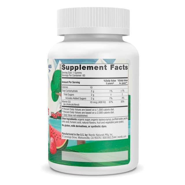 Nordic Naturals, жевательный витамин D3, для детей от 3 лет, со вкусом арбуза, 400 МЕ, 60 жевательных таблеток